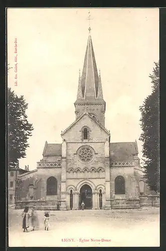 AK Ligny, Eglise Notre Dame, Kinder auf dem Vorplatz