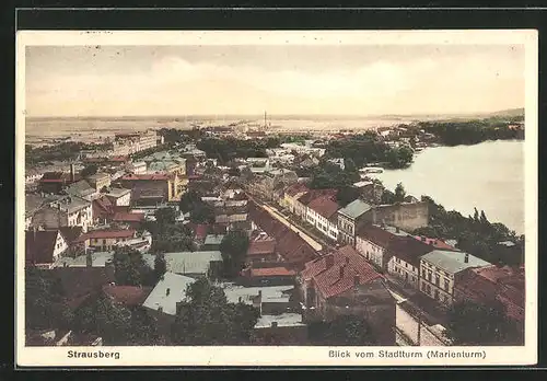 AK Strausberg, Blick vom Marienturm auf die Stadt, die Strasse und den See