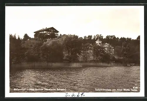 AK Bollersdorf, Schermützelsee mit Hotel Weisse Taube