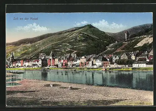 AK Zell an der Mosel, Blick über den Fluss auf den Ort