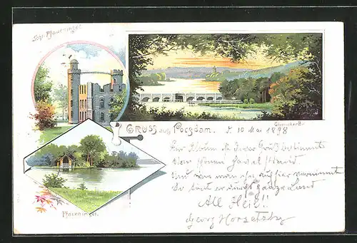 Lithographie Potsdam, Schloss Pfaueninsel, Pfaueninsel mit Hafen, Glienicker Brücke im Dämmerungslicht