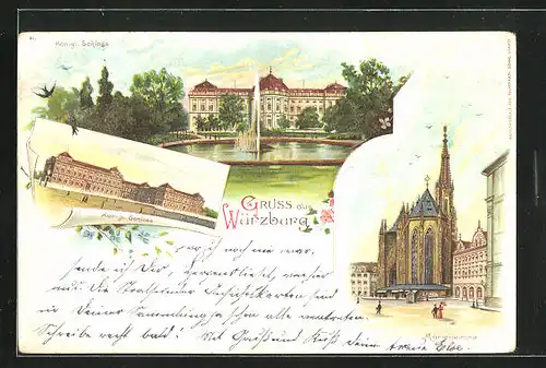 Lithographie Würzburg, Königliches Schloss mit Wasserfontaine, Marienkirche