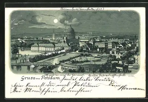 Lithographie Potsdam, Teilansicht bei Mondschein