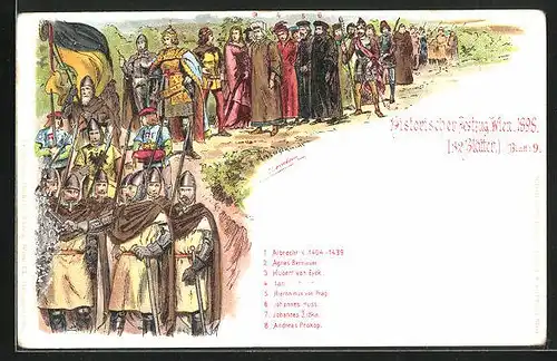 Lithographie Wien, Historischer Festzug 1898, Albrecht V. 1404-1439, Agnes Bernauer und Hubert van Eyck