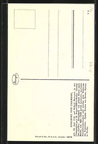 AK Adalbert von Chamisso, Zeichnung des Lyrikers mit langem Haar