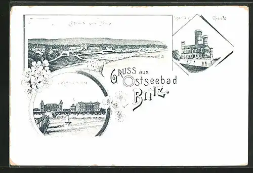 Lithographie Binz, Kurhaus, Jagdschloss Granitz, Strand