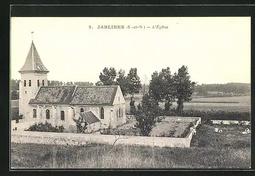 AK Jablines, L`Eglise, Mutter und Tochter sitzen auf der Kirchmauer