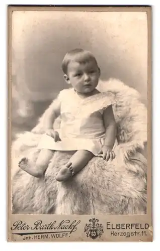 Fotografie Peter Barth Nachf., Elberfeld, Herzogstrasse 11, Kleinkind im Kleidchen auf Fell