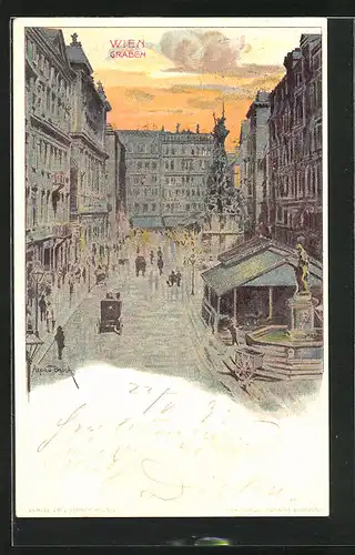 Lithographie Wien, Blick in den Graben mit Brunnen