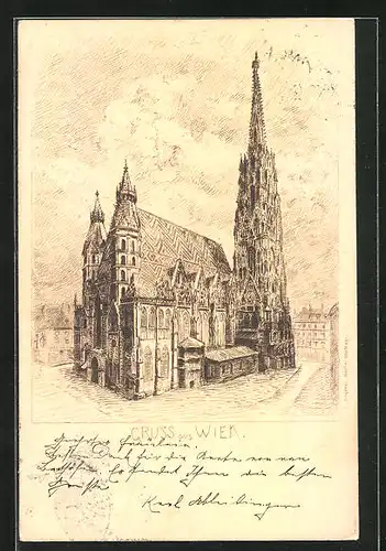 Lithographie Wien, Blick auf die Kirche