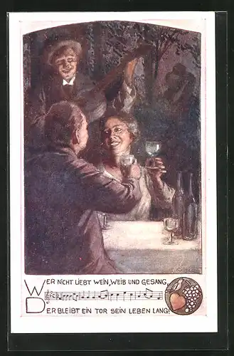 Künstler-AK sign. E. Schütz: Verliebtes Paar beim Essen