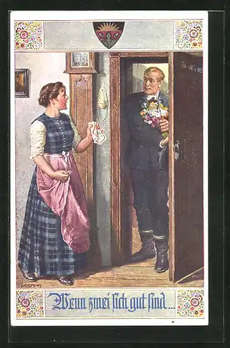 Künstler-AK Franz Kuderna, Deutscher Schulverein Nr. 829: Verliebter Mann klingelt bei Hausfrau