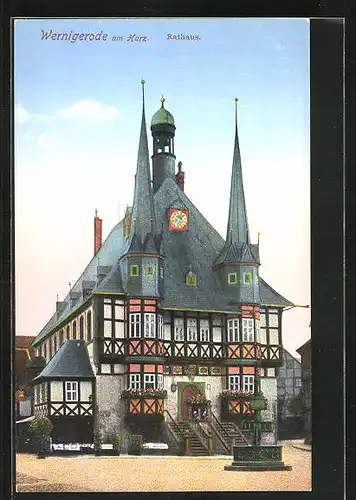 AK Wernigerode / Harz, Blick auf das Rathaus mit Brunnen