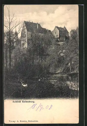 AK Reinsberg, Blick zum Schloss, im Vordergrund Mann mit Hund