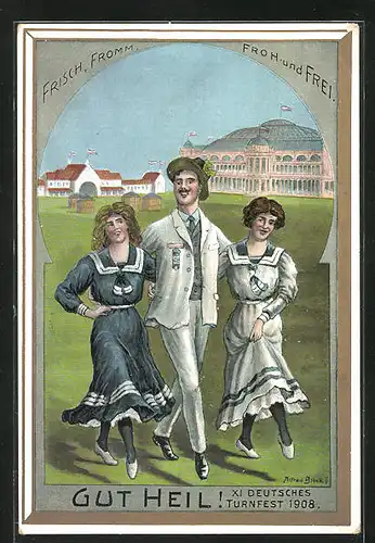 AK Frankfurt / Main, 11. Deutsches Turnfest 1908, Ein glücklicher Mann mit zwei Damen