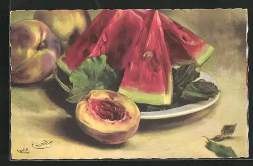 Künstler-AK Carlo Chiostri: Stillleben, Melone und Pfirsiche auf einem Teller