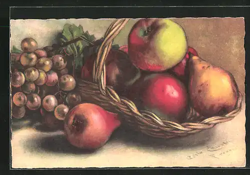 Künstler-AK Carlo Chiostri: Stillleben, Birnen, Äpfel und Weintrauben in einem Korb