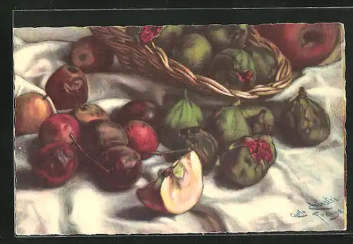 Künstler-AK Carlo Chiostri: Feigen und Äpfel auf einer Decke
