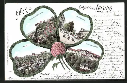 Lithographie Leisnig, Schloss mit Schlossberg, Adam-Denkmal, Gasthaus Bastei