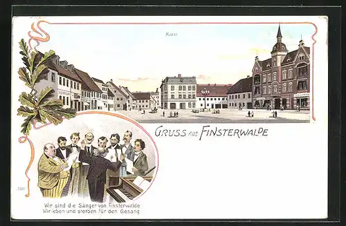 Lithographie Finsterwalde, Blick auf den Markt, Männergesangsgruppe