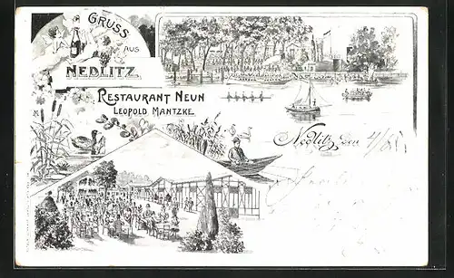 Lithographie Nedlitz, Restaurant Neun v. Leopold Mantzke, Segelschiff