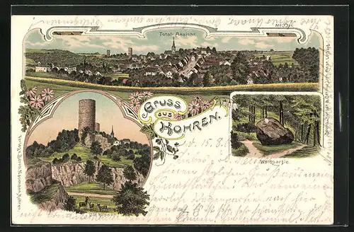 Lithographie Kohren, Totalansicht der Stadt, Die Klippen, Waldpartie