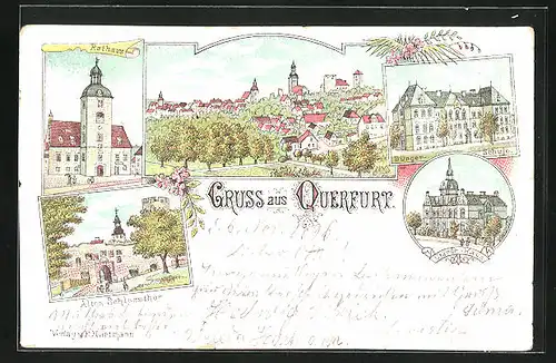 Lithographie Querfurt, Bürgerschule, Stände-Haus, Altes Schlosstor, Rathaus