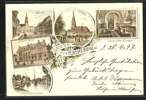 Lithographie Rathenow, Kaiserl. Post, Kirche, Markt, Schleusen-Canal