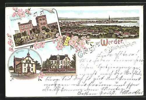 Lithographie Werder / Havel, Gasthaus Wachtelburg, Kaiserl. Postamt, Rathaus