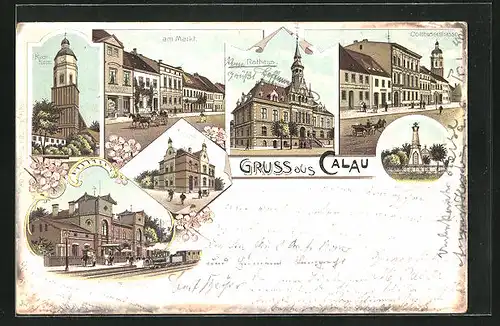 Lithographie Calau, Bahnhof, Rathaus, Cottbuserstrasse