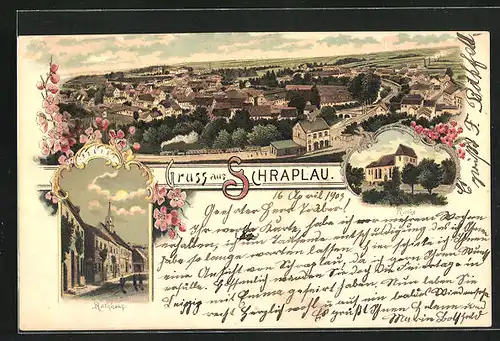 Lithographie Schraplau, Rathaus, Kirche, Ortsansicht