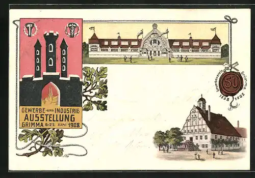 AK Grimma, Gewerbe- und Industrieausstellung 6.-22. Juni 1908, Messegebäude