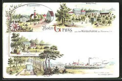 Lithographie Fürstenwalde / Spree, Gasthaus Waldschänke, Bergschlösschen
