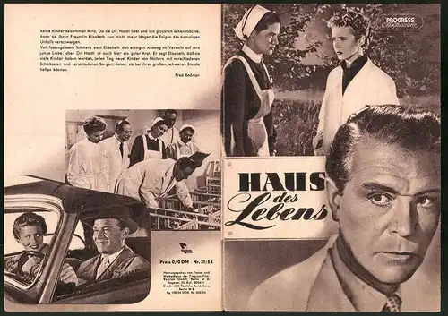 Filmprogramm PFI Nr. 31 /54, Haus des Lebens, Gustav Fröhlich, Cornell Borchers, Regie: Karl Hartl