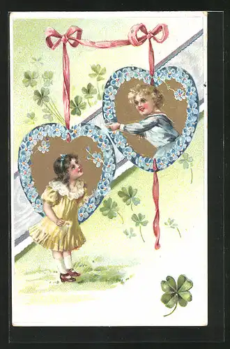 Präge-AK Kleines Paar im Herz aus Vergissmeinnicht, Blumenbild