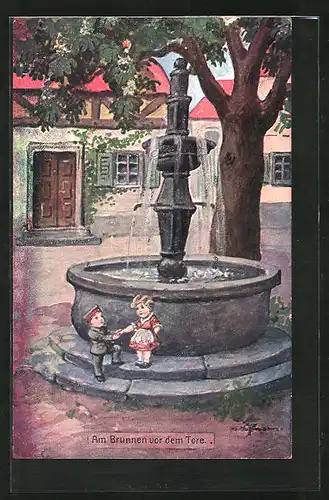 Künstler-AK Ad. Hoffmann: Kleines Paar am Brunnen vor dem Tore