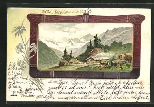 Passepartout-Lithographie Holzhütte in den Bergen