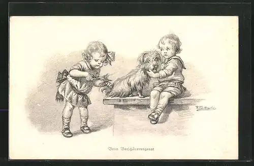 Künstler-AK Wally Fialkowska: Kleines Mädchen schneidet Fell am Hundeschwanz