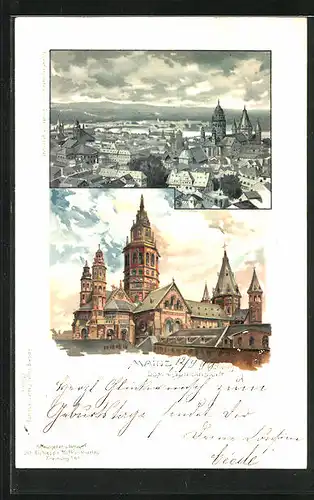 Künstler-Lithographie Carl Münch: Mainz, Dom mit Totalansicht