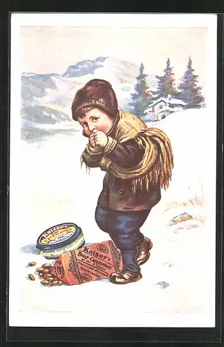 AK Reklame für Medikament Kaiser`s Brust-Caramellen, Frierendes Kind im Schnne mit Bonbons