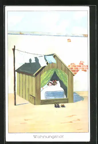 AK Wohnungsnot, Kinderpärchen schläft in einfacher Holzhütte