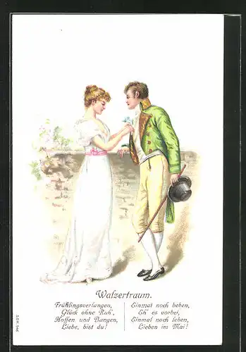 Präge-AK Walzertraum, Frau in romantischem Kleid und Mann in elegantem Anzug, Liebespaar