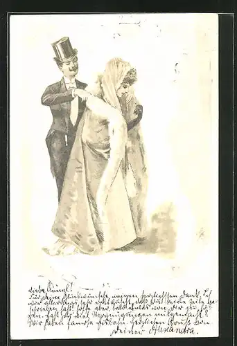 Präge-AK Liebespaar, Vornehmer Herr mit Zylinder hilft Dame in den Pelzmantel