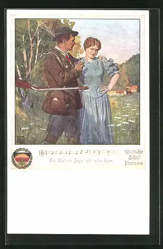 Künstler-AK Karl Friedrich Gsur, Deutscher Schulverein Nr. 464: Jäger macht einer hübschen Frau den Hof
