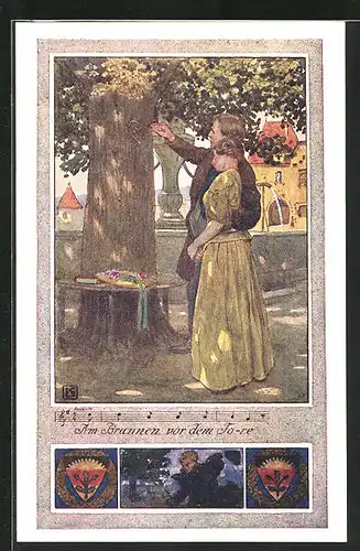 Künstler-AK Karl Friedrich Gsur, Deutscher Schulverein Nr. 375: Paar schnitzt Initialen in einen Baum