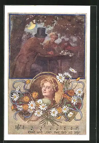Künstler-AK Karl Friedrich Gsur, Deutscher Schulverein Nr. 1066: Ein alter Mann stösst mit seiner Frau im Freien an