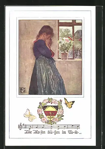 Künstler-AK Karl Friedrich Gsur, Deutscher Schulverein Nr. 1065: Eine Frau weint an ihrem Fenster