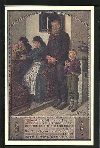 Künstler-AK Franz Kuderna, Deutscher Schulverein Nr. 804: Familie beim Gebet