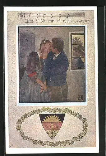 Künstler-AK Karl Friedrich Gsur, Deutscher Schulverein Nr. 1070: Verliebtes Paar beim Küssen