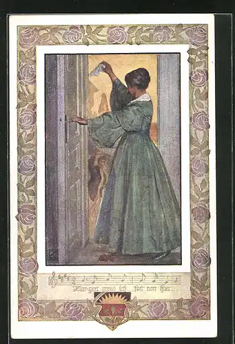 Künstler-AK Karl Friedrich Gsur, Deutscher Schulverein Nr. 1067: Dame im Kleid bei der Verabschiedung von ihrem Freund